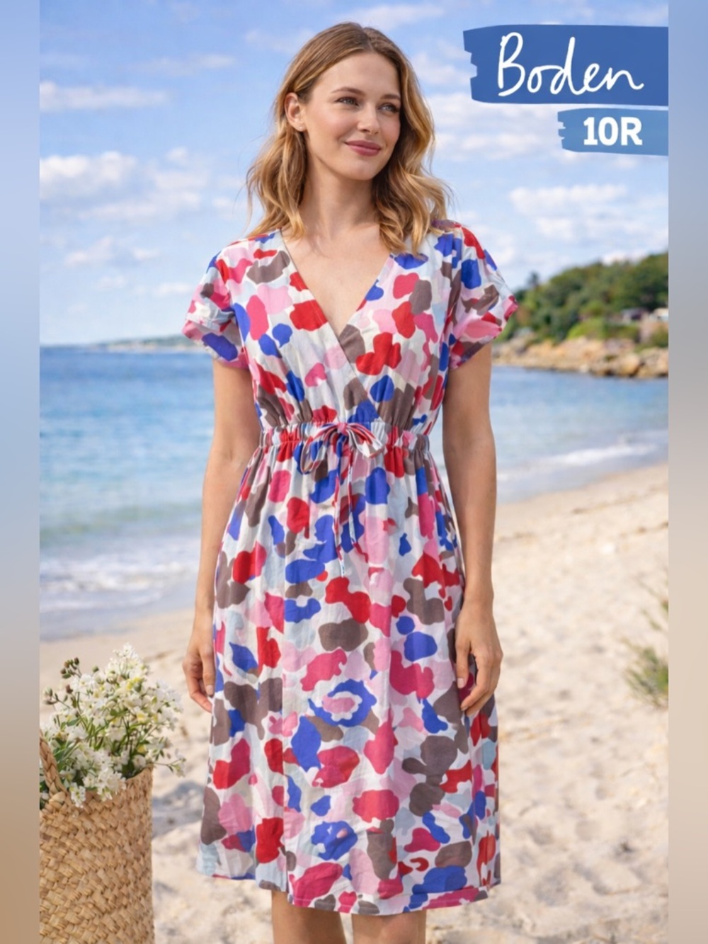 Boden Floral Cotton Dress Women 10R V Neck  light boho casual blue pink feminine